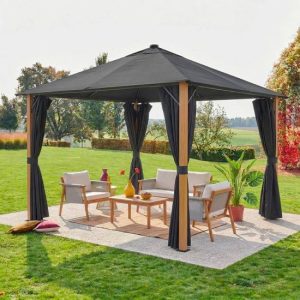 Tonnelle 3x3m aluminium effet bois avec rideaux et led anthracite - Veluna